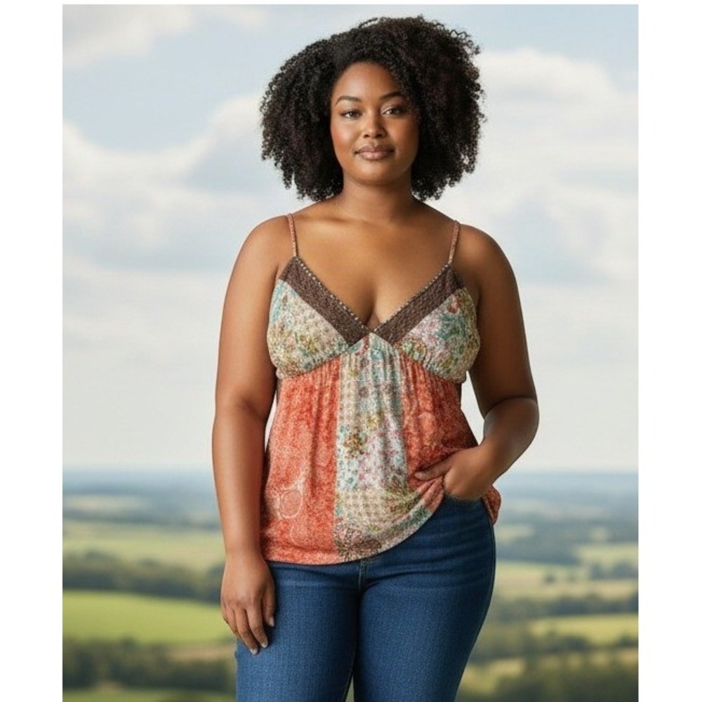 725‎ Originals Patchwork Cami Wmn 3X Orange Sequin Lace Boho Fairy Festive top